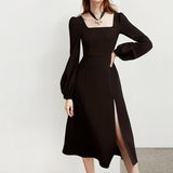 2021 Spring Women Black Retro Split Dress Elegant Midi Designer Dress Female Long Sleeve Hepburn Style Chiffon Vintage Dress