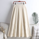 Women Winter Elastic High Waist Pleated Midi Skirt Frayed A Line Elegant Solid Knitted Skirts