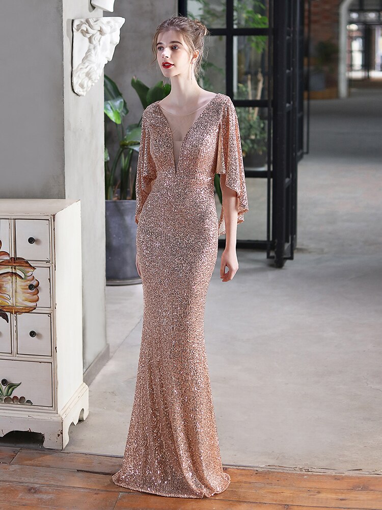 Cape Sleeve V Neck Cocktail Sequins Mermaid Women Party Dress Elegant Occation Shinning Prom Gowns