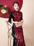 Fashion Sequins Embroidered Evening Dress Side-Slit Formal Occasion Women Black Red Long-Sleeve Tea-Length China Cheongsam