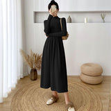 Elegant Autumn Knitted Pleated Dress Half High Collar Women Sweater Midi Dress 2021 A-line Solid Vestidos