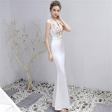 White V-neck Sleeveless Evening Dress Long Taffeta Prom Gown Sexy Side Split Robe applique Women Formal Dress