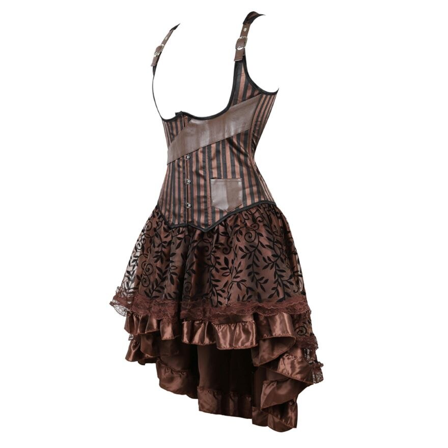 Women Steampunk Corset Dress Gothic Sexy Striped Underbust Corset Vest Bustier Top With Asymmetrical Floral Lace Skirt Set Brown