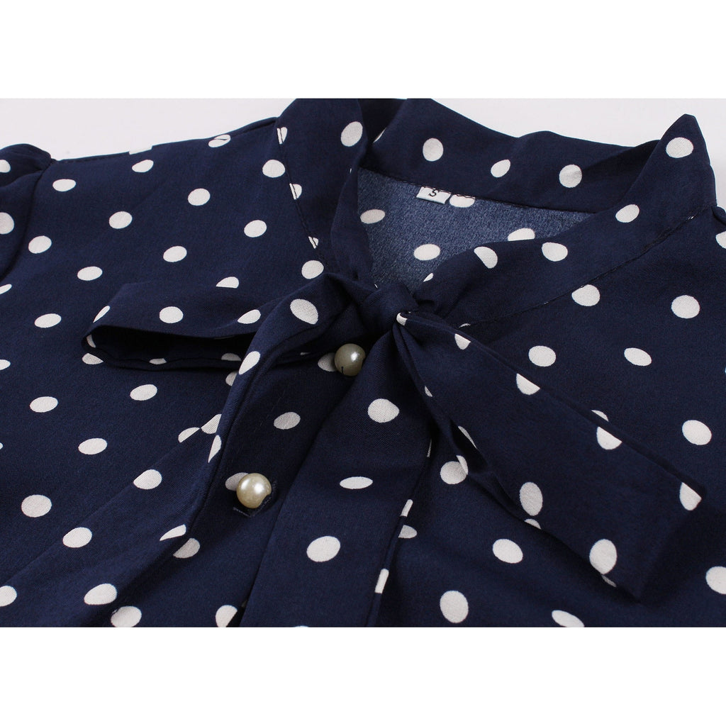 Bow Tie Neck Pleated Elegant Party Midi Dress Shirt Women Polka Dot Print Blue Sundress Vintage High Waist Pockets Swing Dresses