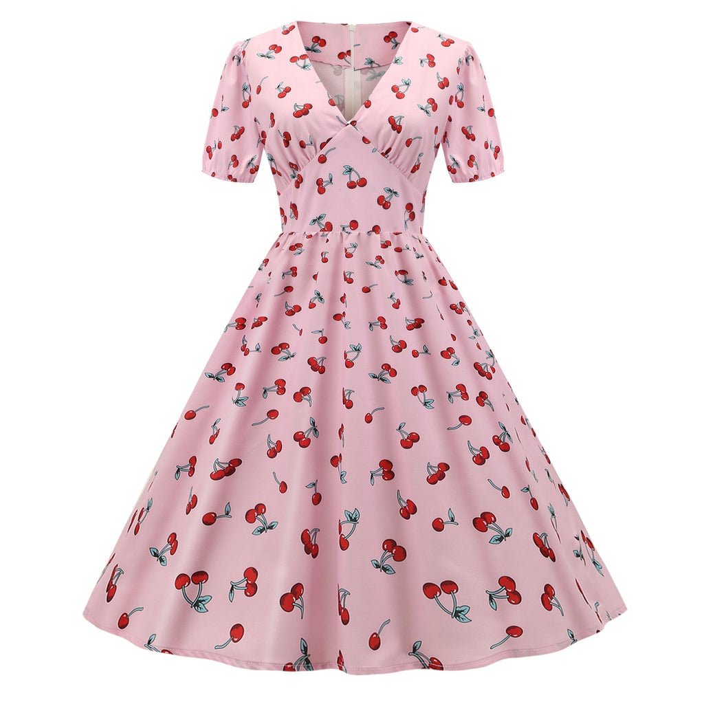 Puff Sleeve Women Party Swing Dress Cherry Print Retro Audrey Hepburn 1950s 60s Rockabilly Pinup Ball Grown Robe Vestidos