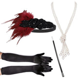 4 Pcs/Set 1920s Great Gatsby Party Costume Accessories Set Flapper Feather Headband Pearl Necklace Gloves Cigarette Holder