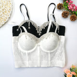 Summer Rhinestone Mesh Sexy Corset Party Short Women Camis In Bra Cropped Crop Top Push Up Breast Cup