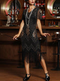 Vintage 1920s Great Gatsby Sequin Short V-neck Short-Sleeve Tulle Beads Dress Elegant Lady Prom Gown