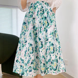 Summer Women High Waist Sweet Floral Print A-Line Elegant Skirt Oil Painting Outwear