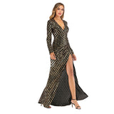 Sparkle Geometric pattern Cocktail Dress Sexy Deep V-neck Party Dress Full-Sleeve Long Prom Gown Sequins Side Fork Formal Dress