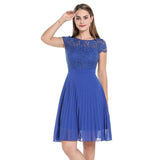 Blue Elegant Workwear Lace Pleated Chiffon Casual High Waist Summer Office Lady Swing Dress