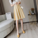 Women High Waist Knee-length Casual Skirts Fashion Korean Style Solid Color Ladies Elegant A-line Skirt