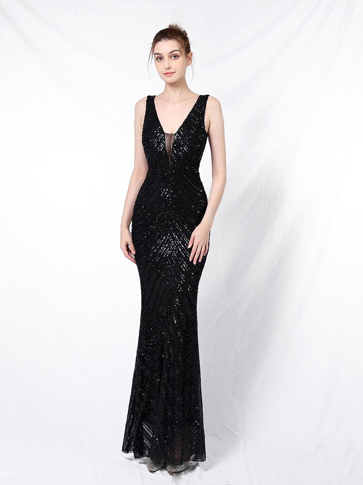 Tulle Sequins Evening Dress Sexy V-neck Backless Sleeveless Floor-length Robe De Soriee Gold Mermaid Formal Party Dresses
