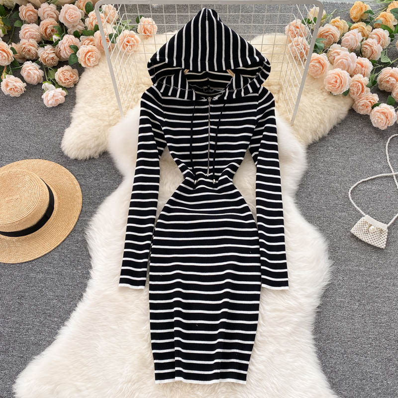Long Sleeve Hooded Knitted Striped Dresses Women Autumn Winter Casual Sweater Dress