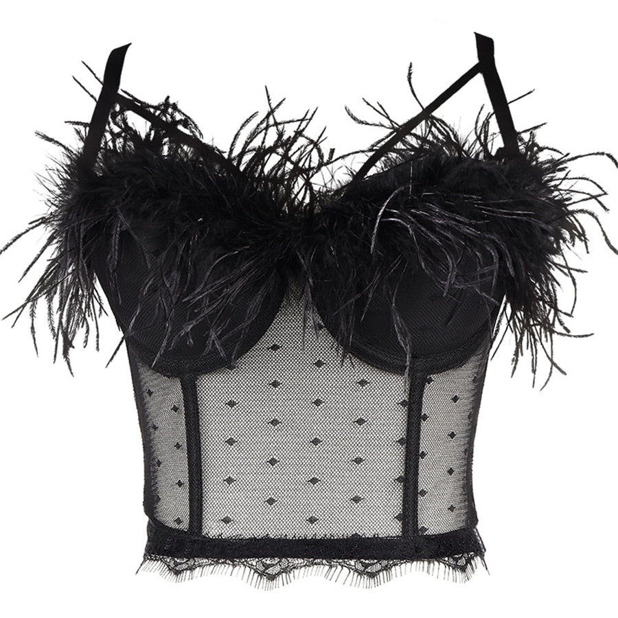 Tanks Camis Sexy Top Lace See-Through Feather Crop Top Women Solid Camis Tops With Built In Bra Push Up Bustier Bralette