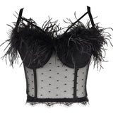 Tanks Camis Sexy Top Lace See-Through Feather Crop Top Women Solid Camis Tops With Built In Bra Push Up Bustier Bralette