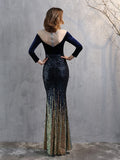 Velvet Sequins Elegant Mermaid Long Sleeve Cocktail Party Dresses Women Formal O-Neck Floor-Length Prom Vestidoes