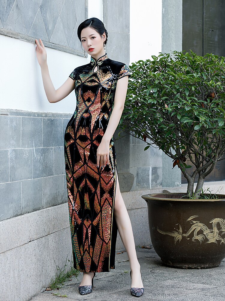 New Sequins Embroidered Evening Dress High-slit Formal Occasion Women Velour Short-Sleeve Long China Cheongsam