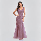 Sleeveless V-neck Tulle Sequins V-back Mermaid Party Prom Gowns Formal Embroidered Cocktail Dress
