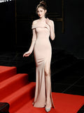 Navy Blue One Shoulder Half Sleeves Sexy Evening Party Dress Mermaid Robe De Soriee Stretches Fabric Prom Gown