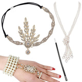 4pcs/set 1920s Flapper Accessories Set Rhinestone Headpiece Pearl Knot Necklace Bracelet with Cigarette Holder