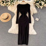 Autumn Winter Midi Dresses For Women Elegant V Neck Long Sleeve Ribbed Knitted Dress With Slit Sexy Bodycon Dress