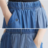 Fashion Korean Denim Women Solid Color Long Elastic High Waist Big Swing Casual Pleated Jean Skirt