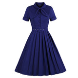 Vintage Style Bow Tie Neck Button Up Elegant Midi Pleated Summer Belted Pinup 50S Solid Dress