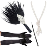 4 Pcs/Set 1920s Great Gatsby Party Costume Accessories Set Flapper Feather Headband Pearl Necklace Gloves Cigarette Holder