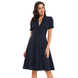 Retro Single Breasted Ruched V Neck Elegant Party Midi Women Rockabilly Vintage Swing Dress