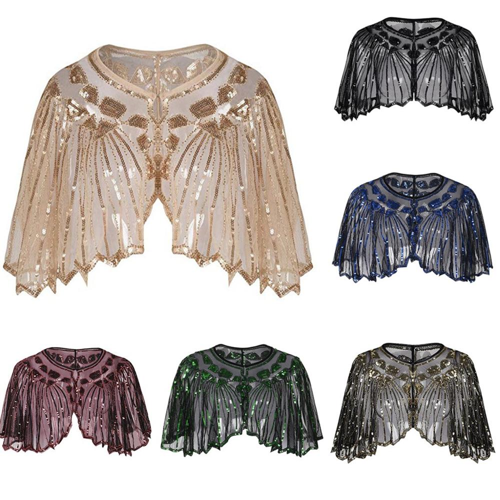 Vintage 1920s Flapper Shawl Sequin Beaded Short Cape Beaded Decoration Gatsby Party Mesh Short Cover Up Dress Accessory