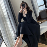 Autumn Winter Women Knitting Maxi Dresses Black Hepburn Long Sleeve Elegant Vestido Square Collar Casual Loose Dress