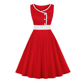 2021 Women Vintage Clothes Sleeveless Button High Waist Rockabilly Dress Red Elegant Party A-Line Summer Tunic Dresses Cotton