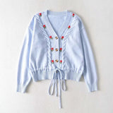 Design Cardigans Coat Sweater Women V-Neck Button Sweet Floral Embroidery Knit Cropped Tops