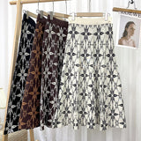 Women Pleated Elastic High Waist Winter Geometric Jacquard Knitted Midi Long Skirt