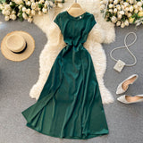 Chic Clothing Office Lady Vintage Elegant Dress Sexy Back Cut Out Satin Midi Dress With Slit