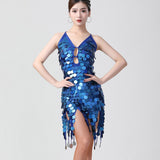 Shiny Women Latin Dance Dress Costumes Asymmetric Motel Sequin Fringe Coins Keyhole Lace-Up Back Bandage Mini Short Dress