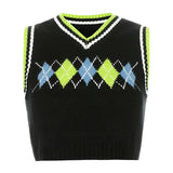 2021 School Y2K Sweaters Plaid Patched Knitwear Sleeveless V Neck Knitted Tank Top Preppy Style Pullovvers Crop Top Autumn Women