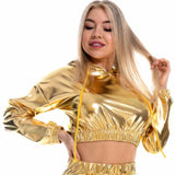 Sexy Cropped Holographic Hoodies Shiny PU Metallic Hoody Long Sleeve Short Sweatshirt with Drawstring Pullovers