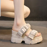 Pleated Chunky Platform Sandals Buckle Wedges Slippers Woman 9cm High Heel Summer Sandalias