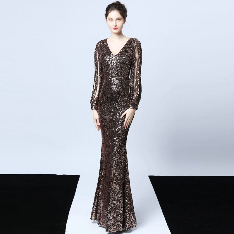 V-neck Sequins Evening Dress Long Sleeve Elegant Evening Party Dress