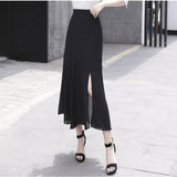 Women Chiffon Vintage High Waist Trumpet Flowers Print Black Long Skirt