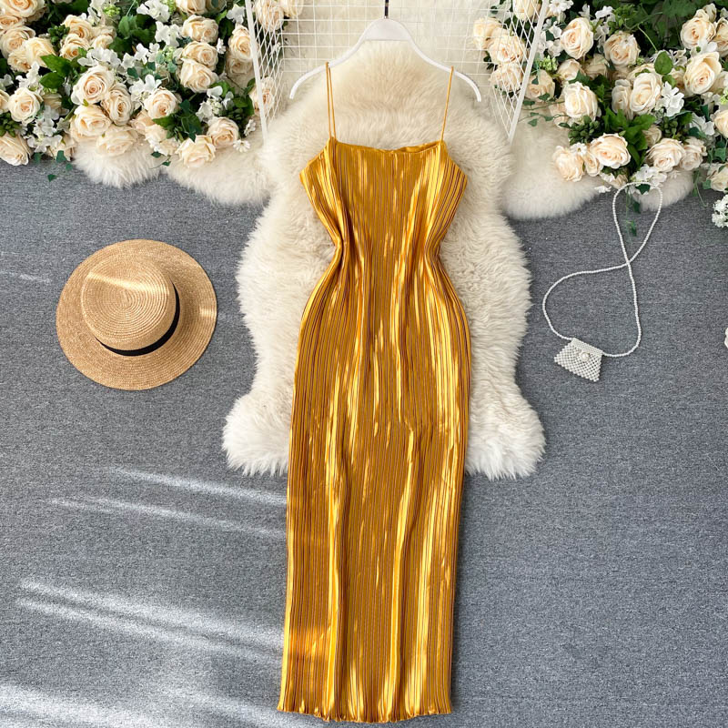 Sleeveless Summer Spaghetti Strap Sexy Shimmer Satin Elegant Party Ladies Slim Pleated Midi Dress