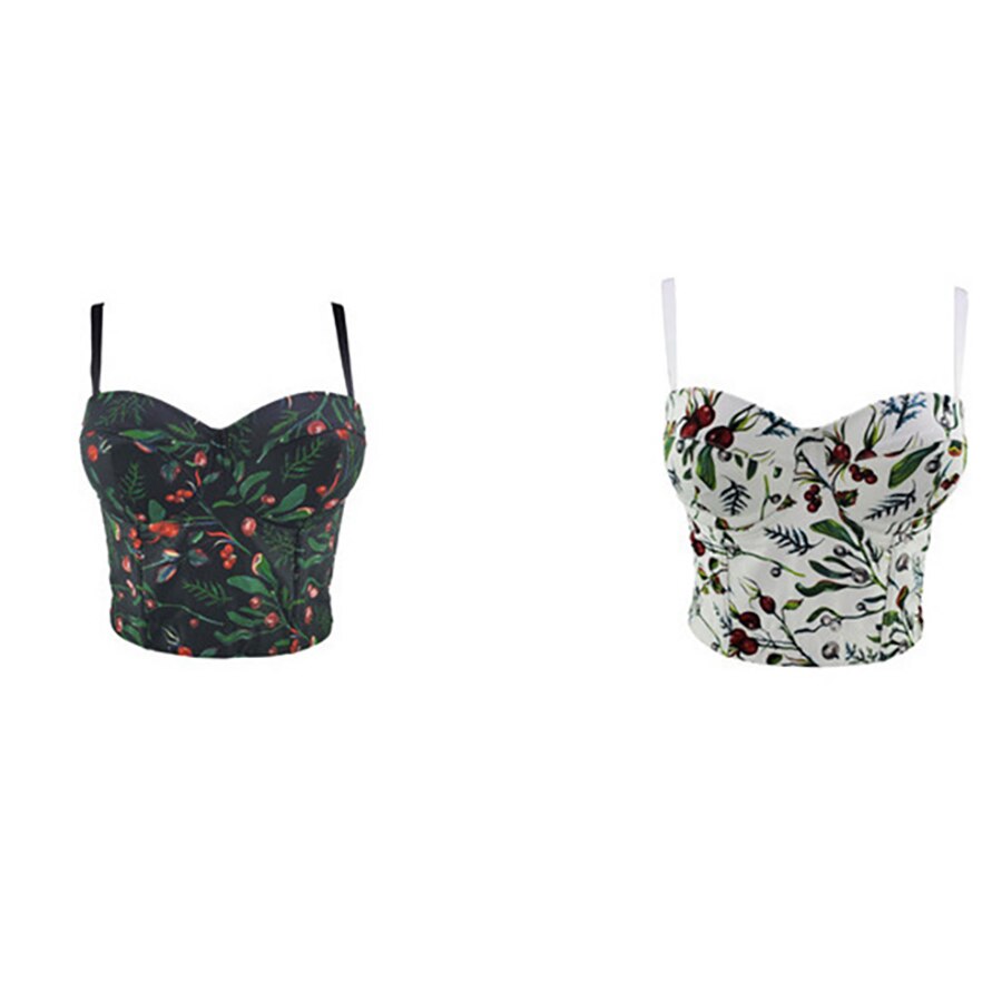 Plants Print Fairy Tanks Camis Bustier Crop Top With Built In Bra Women Off Shoulder Summer Tops Camisole