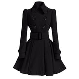 Women Vintage Woolen Coat Winter Warm Windbreaker England Fashion Black Swing Hem Belt Slim Elegant Retro White Wool Overcoat