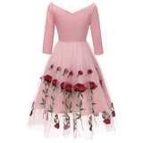 1950s Elegant Party New Year Rose Floral V Neck Mesh Sleeve Embroidered Dress