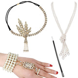 4pcs/set 1920s Flapper Accessories Set Rhinestone Headpiece Pearl Knot Necklace Bracelet with Cigarette Holder