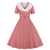 50s Summer Plaid Printed Casual Party Dress Cotton Vintage Short Sleeve Button Turn Down Neck Swing Tunic Midi Dresses With Belt