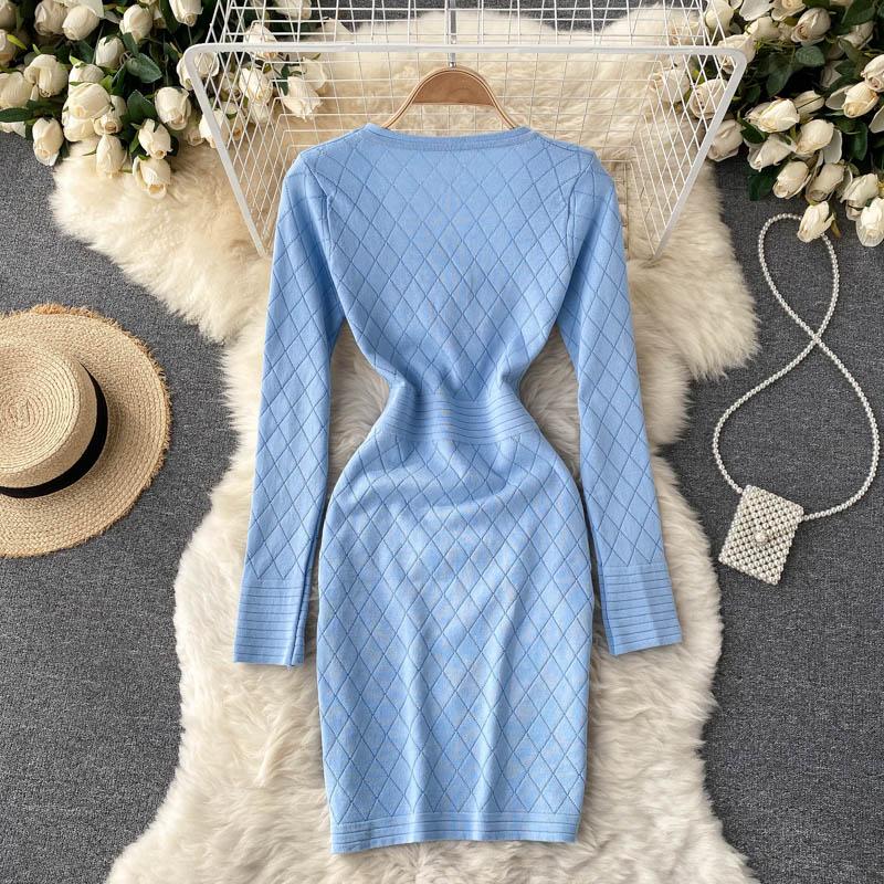 Autumn Winter Elegant Vintage Sexy Knitted Bodycon Dress Square Neck Long Sleeve Button Mini Dress