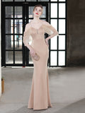 Bishop Sleeve Off The Shoulder V Neck Evening Dress Mermaid Backless Gowns Taffetal Elegant Party Robes